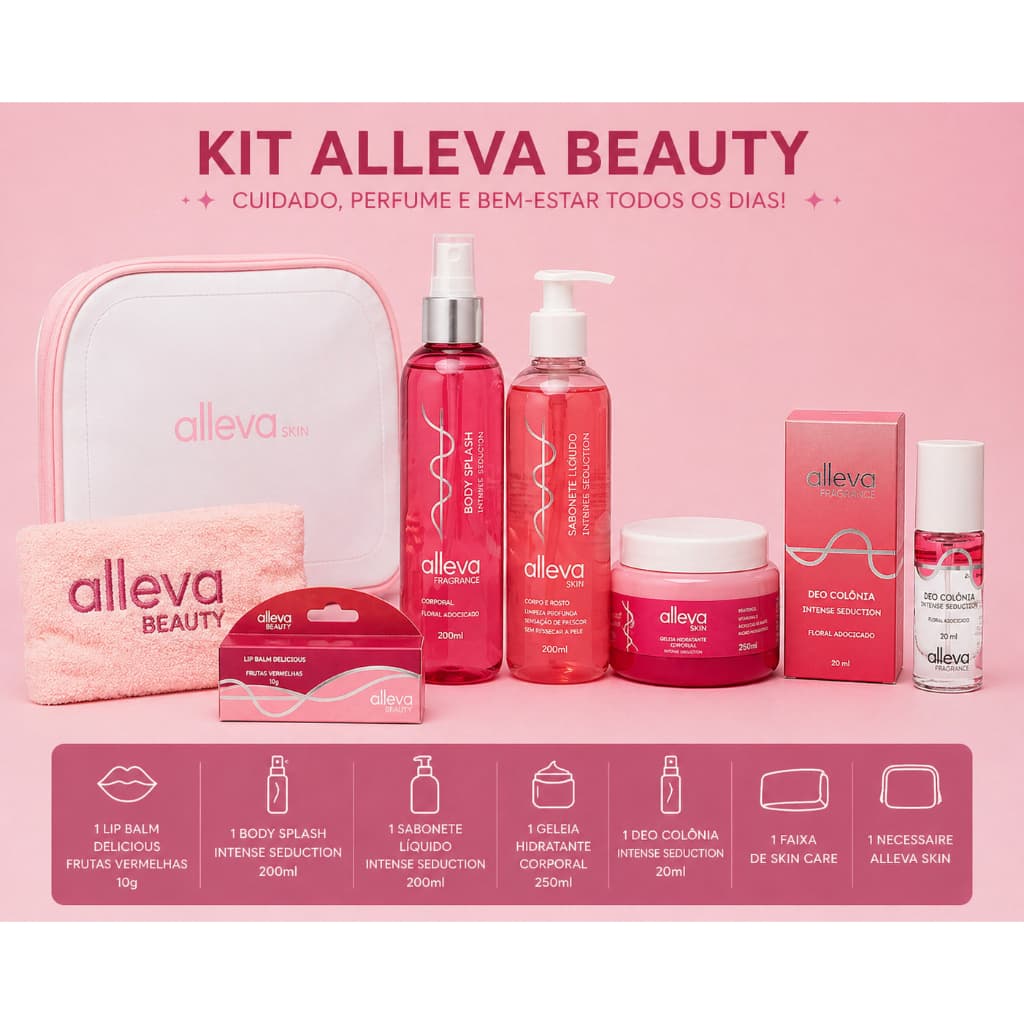 Kit Alleva Beauty Completo – Body Splash, Sabonete, Geleia, Perfume, Lip Balm + Nécessaire