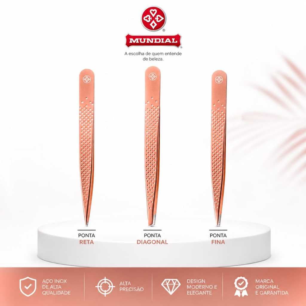 Pinça Mundial Original Rose Gold Profissional – Reta, Diagonal ou Fina | Kit ou Unidade