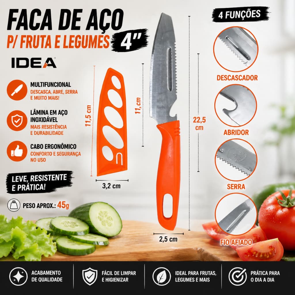 Faca de Aço p/ Fruta e  Legumes 4'' - Idea