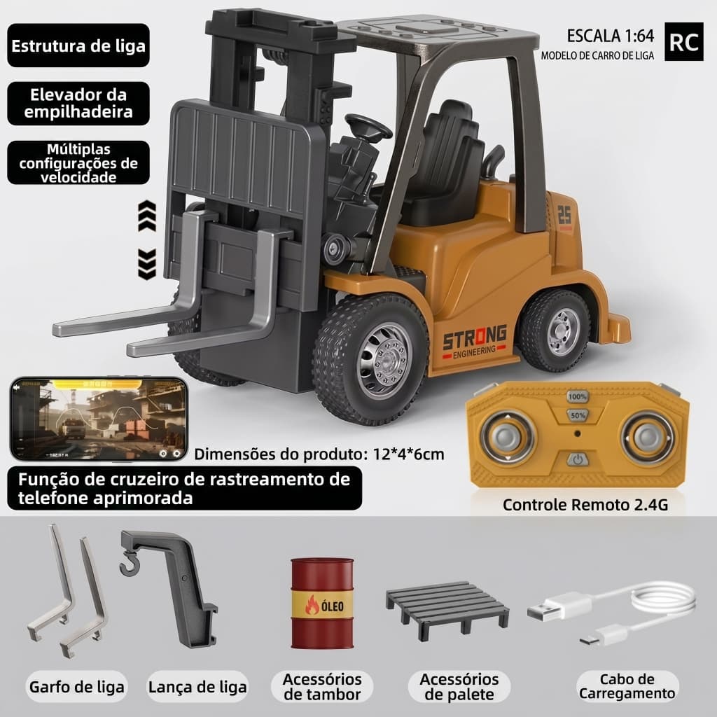 Mini Empilhadeira Controle Remoto Liga Metal RC 2 em 1 Garfo Gancho App 2.4G 1:64 Brinquedo Construção Recarregável