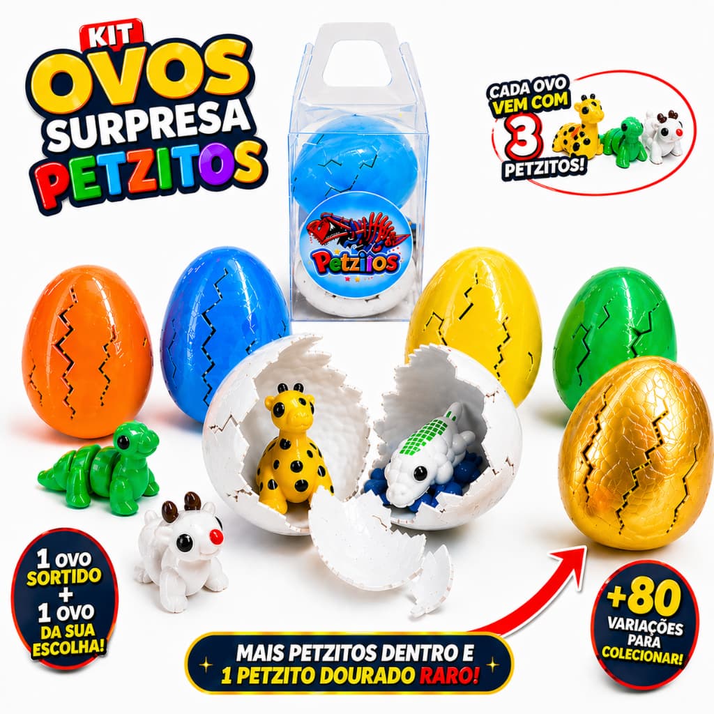 Kit Ovos Surpresa Petzitos com Mini Animais Articulados Fidget Toys +80 Variações Colecionáveis
