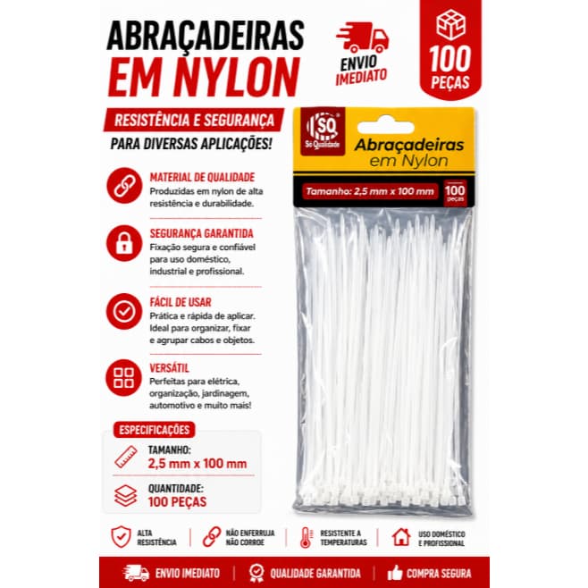 Kit 100 Abraçadeiras Nylon 2,5x100mm Alta Resistência Organização Cabos