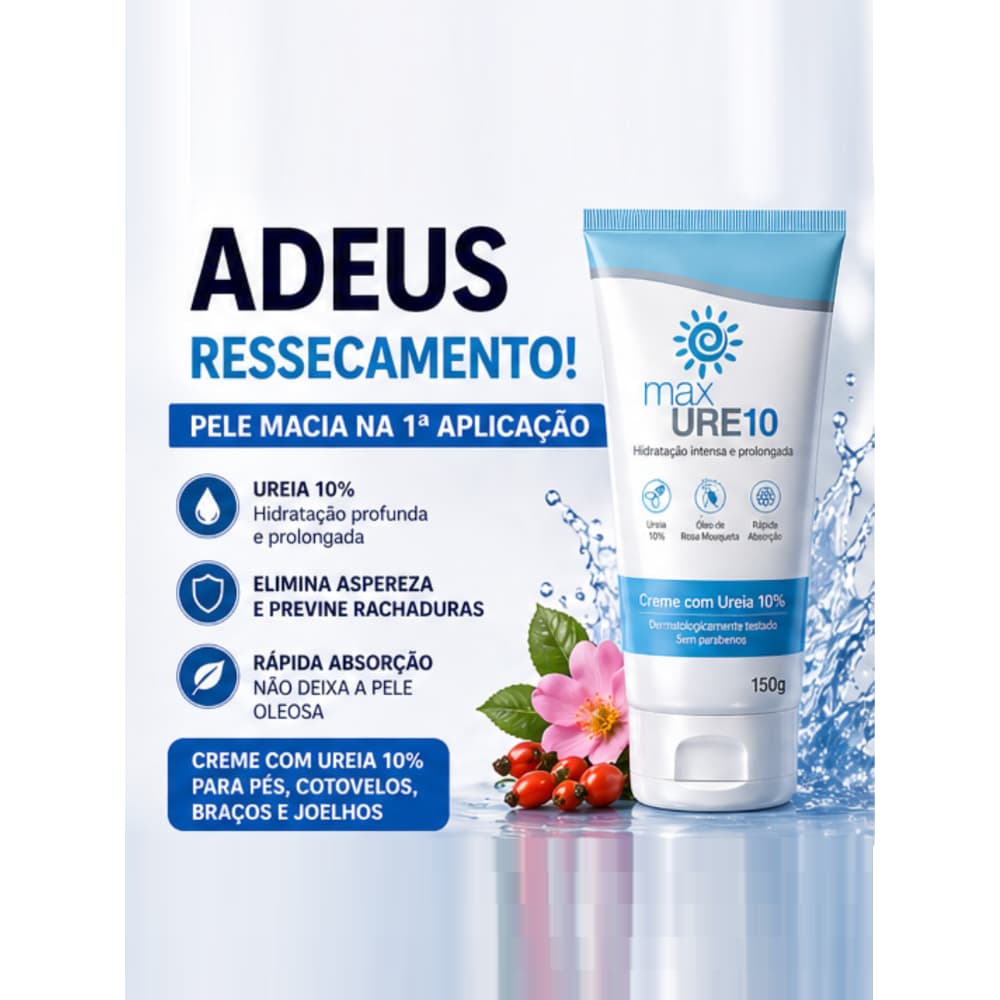 MAX URE10 CREME HIDRATANTE CORPORAL 150g - COM UREIA 10% E ROSA MOSQUETA