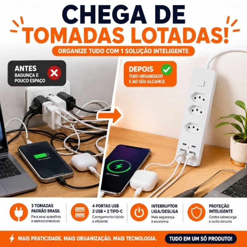 Filtro de Linha USB C 3 Tomadas Bivolt com 2 USB 2 Type C Extensão Régua Energia com Chave