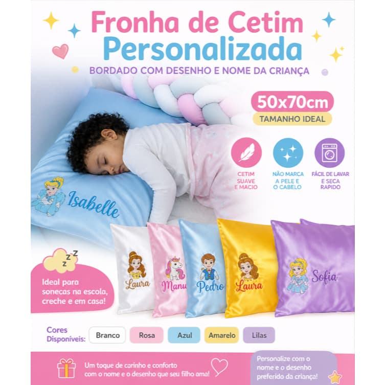 Fronha de Cetim Infantil 50x70 Personalizada com Nome e Desenho | Toque Macio e Confortável