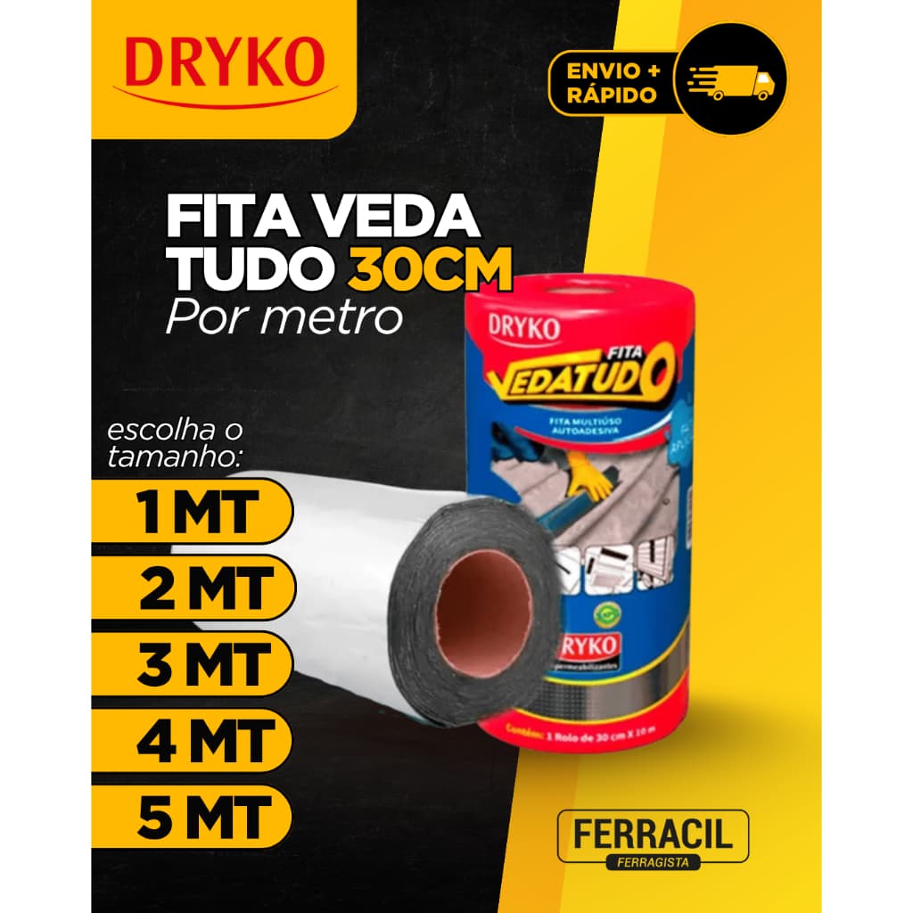 Fita Multiuso Manta Asfáltica Adesiva p/Reparos Telhados/Rufos/Calhas Veda Tudo Dryko 30cm
