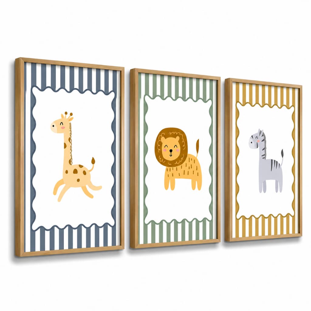 Kit 3 Quadros Decorativos Infantil | Quarto Bebê Menino | Animais Safari Aquarela - No252