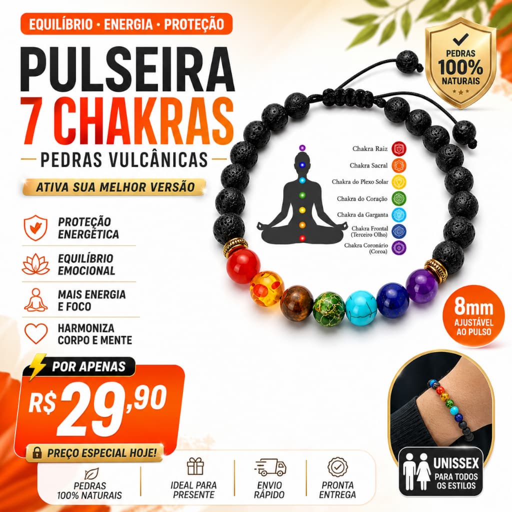 PULSEIRA 7 CHAKRAS PEDRAS NATURAIS VULCÂNICAS AJUSTÁVEL UNISSEX EQUILÍBRIO E PROTEÇÃO