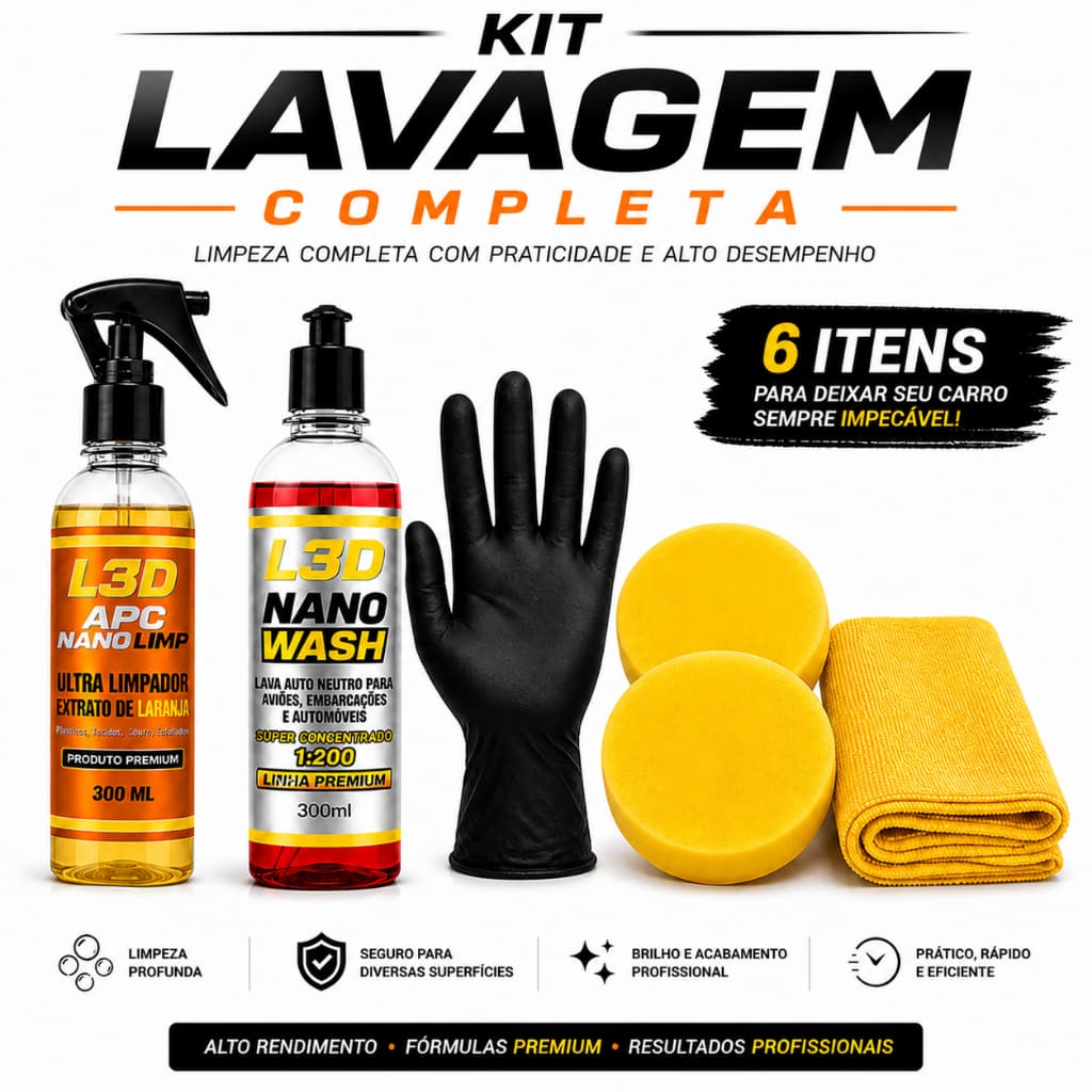 Kit Lavagem Automotiva Completo 6 Itens – Nano Wash + APC Nano Limp + Aplicadores + Flanela + Luva