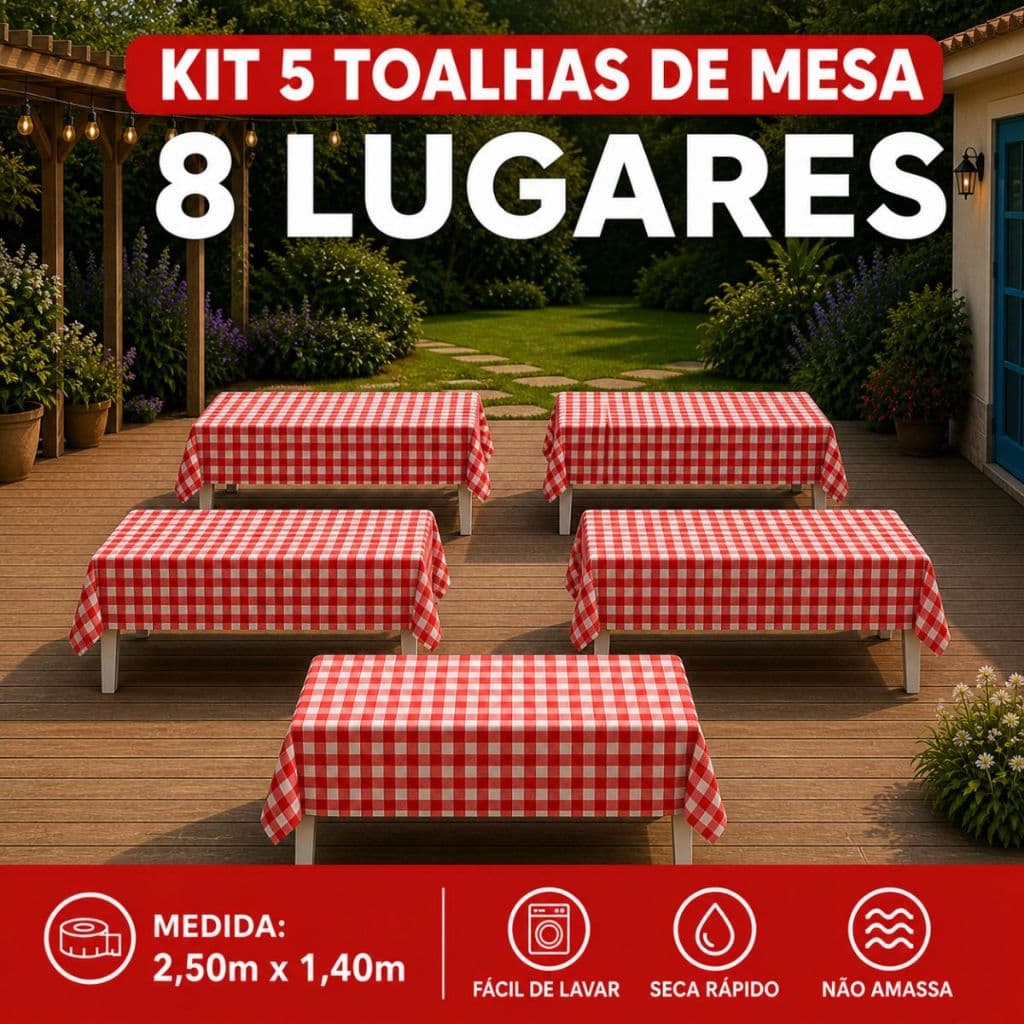 Kit 5 Toalhas de Mesa Xadrez Retangular 8 Lugares Tecido Oxford Resistente para Eventos Festa Junina