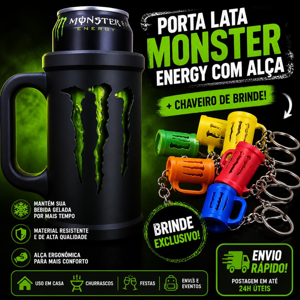 Porta Lata Monster Energy com Alça + Chaveiro de Brinde