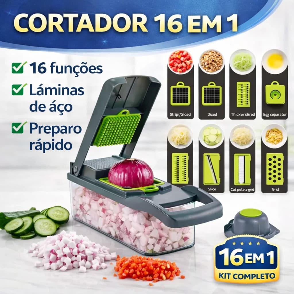 Kit Cortador De Legumes Multifuncional 16 Peças Ralador Fatiador Mandoline Cozinha 7 Lâminas