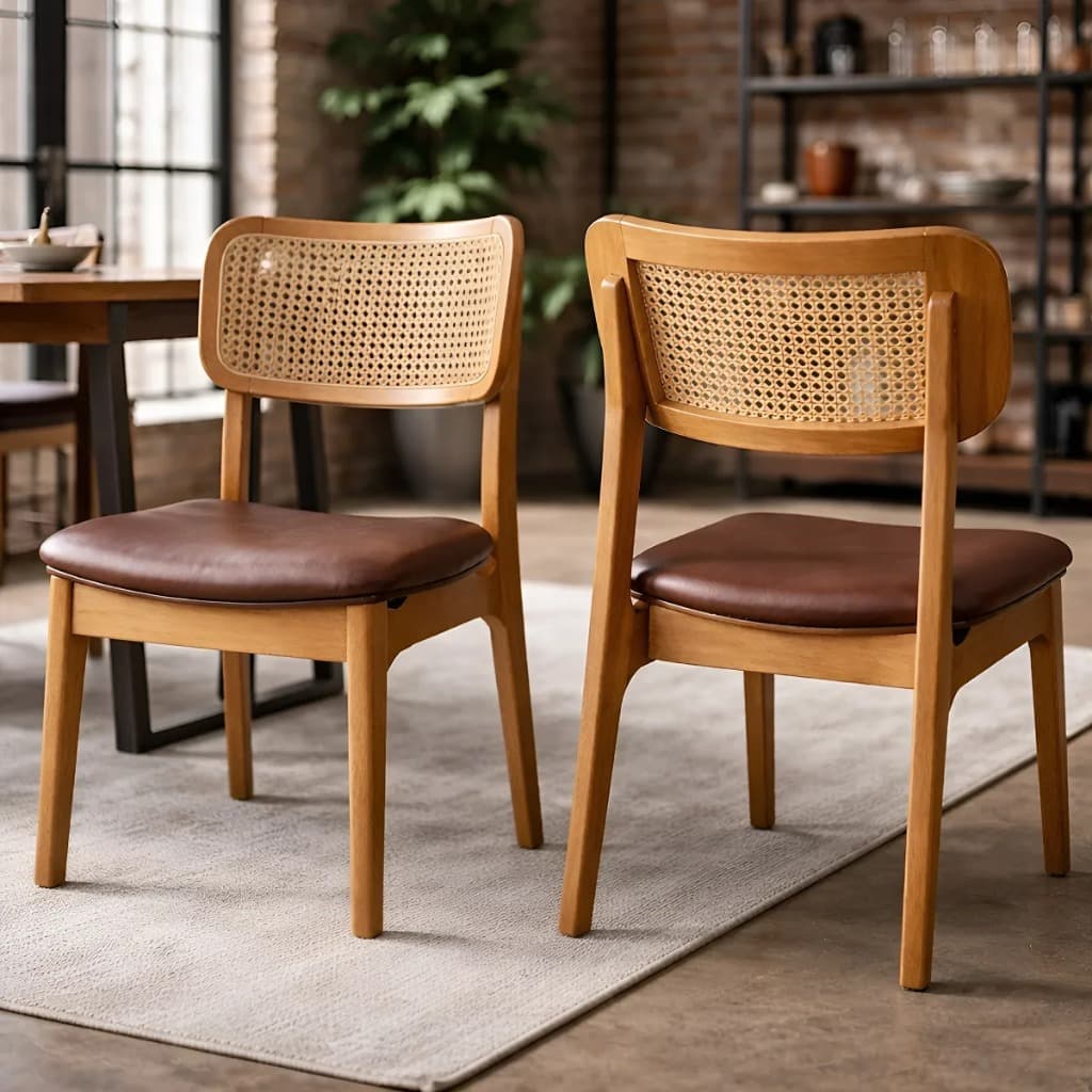 Kit 2 Cadeiras Jantar Madeira Maciça Rattan Natural Assento Estofado Courino Marrom Confortável Moderna Área Gourmet