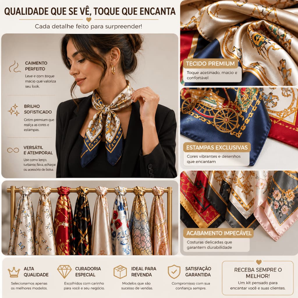 Kit Lenços de Cetim FEMININO 90x90 Atacado 5/10/15/20 Unidades – Modelos Aleatórios Pacote Fechado | Estoque Disponível