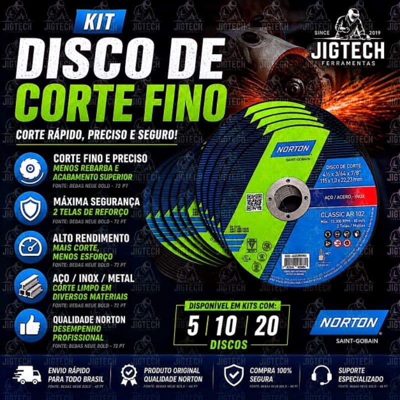 Kit Discos de Corte Fino 4.1/2" Norton para Esmerilhadeira / Lixadeira - Corte de Ferro, Aço e Inox.