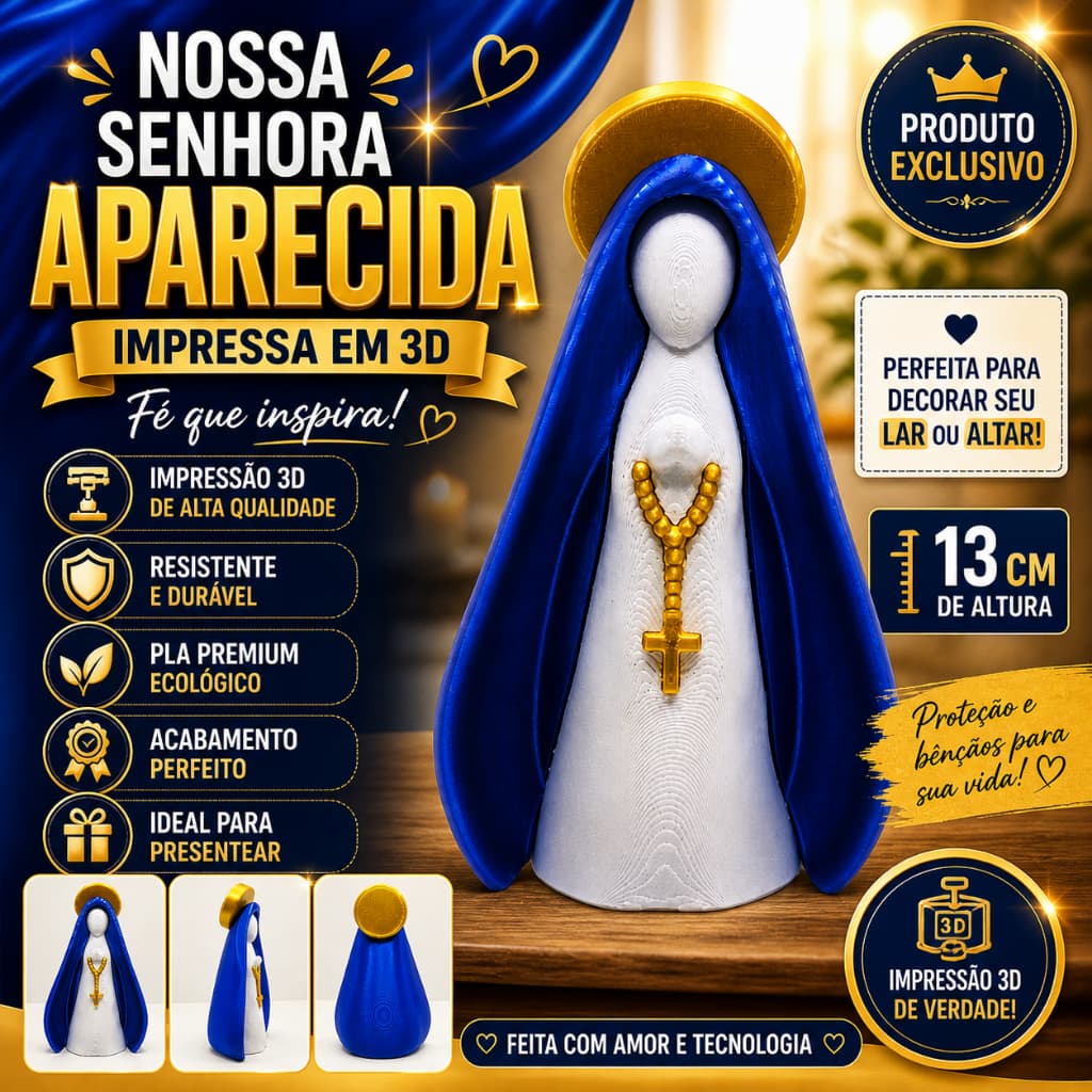 Nossa Senhora Aparecida 3D 13cm Decoração Religiosa em PLA Premium Presente