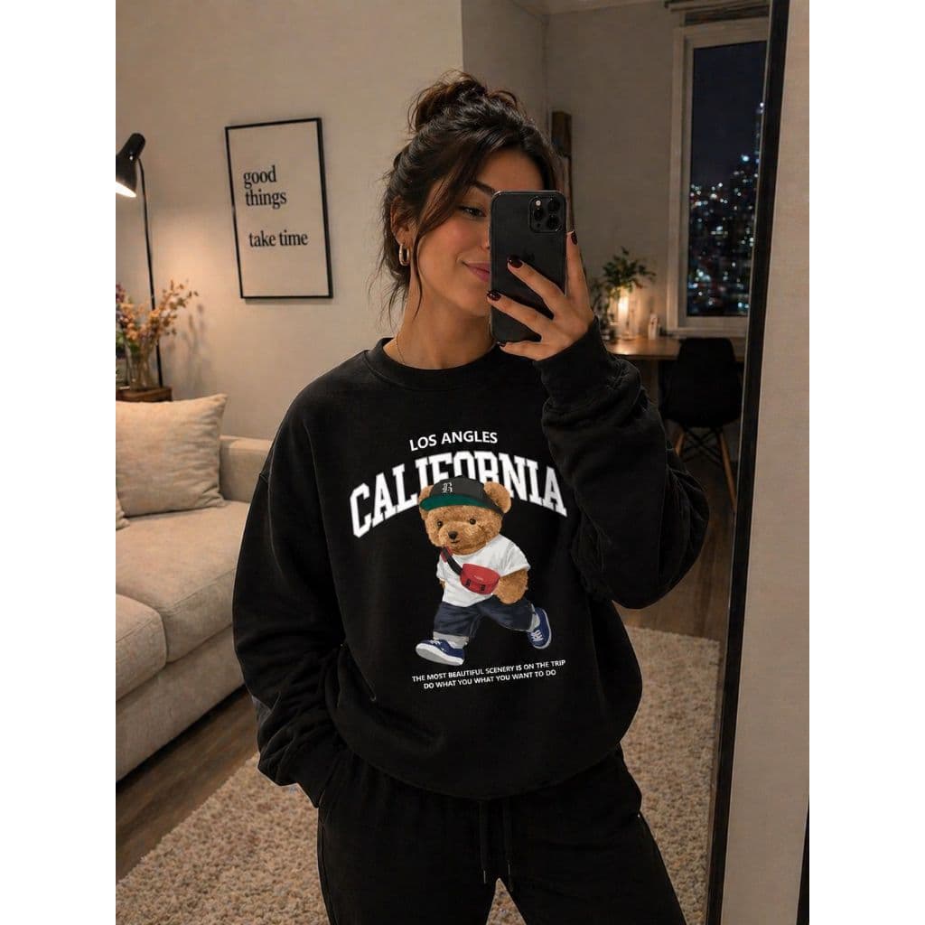 Blusa de Moletom Gola Careca Estampada California Quente Flanelada Grossa Top Sueter Frio Inverno Sem Gorro