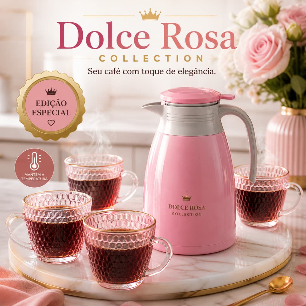 Kit Garrafa Térmica Rosa 190ml + 4 Canecas de Vidro Dolce Rosa Collection Elegante
