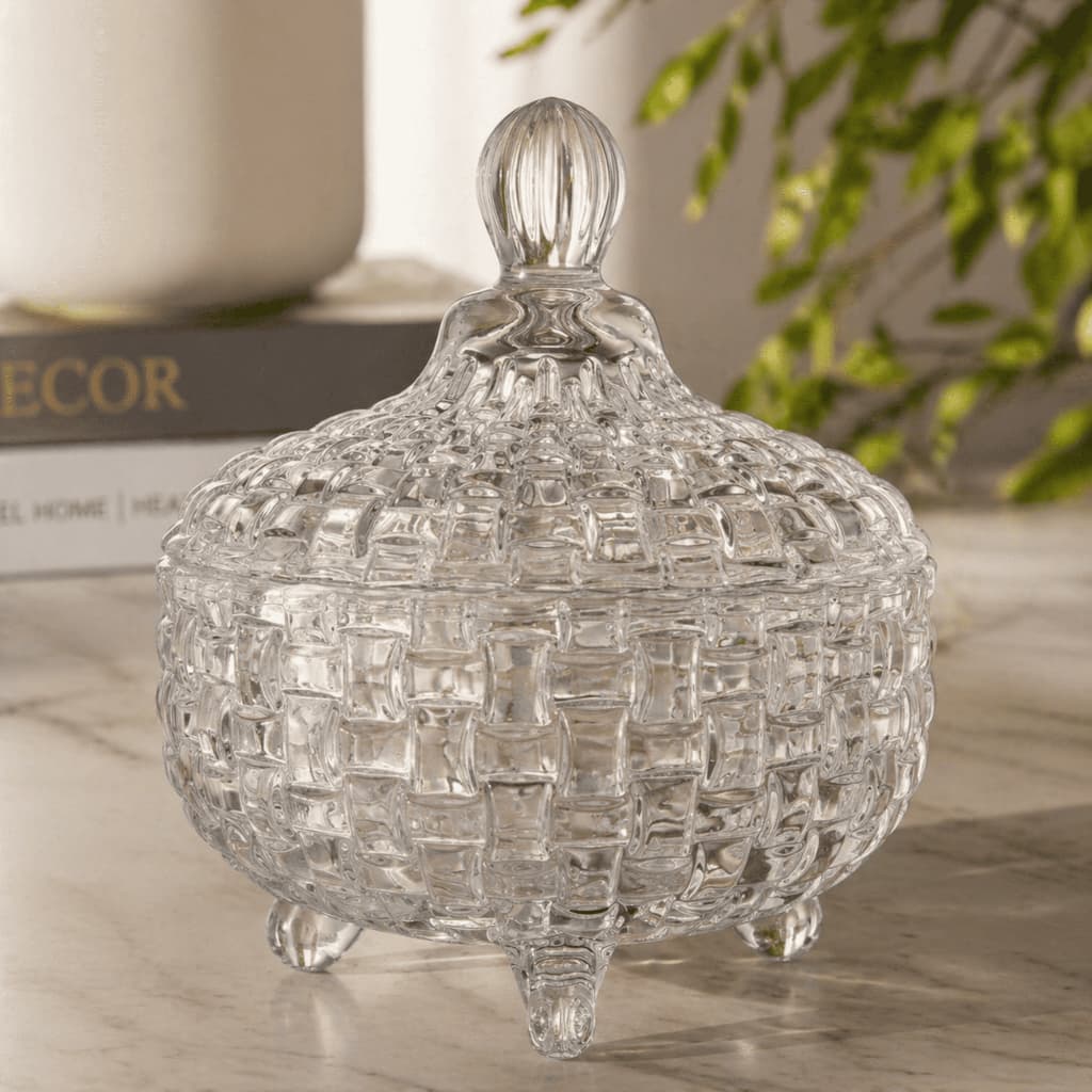 Bomboniere Vidro Lapidado Luxo com Tampa Porta Doces Joias Decorativo Elegante 12cm CHEF D