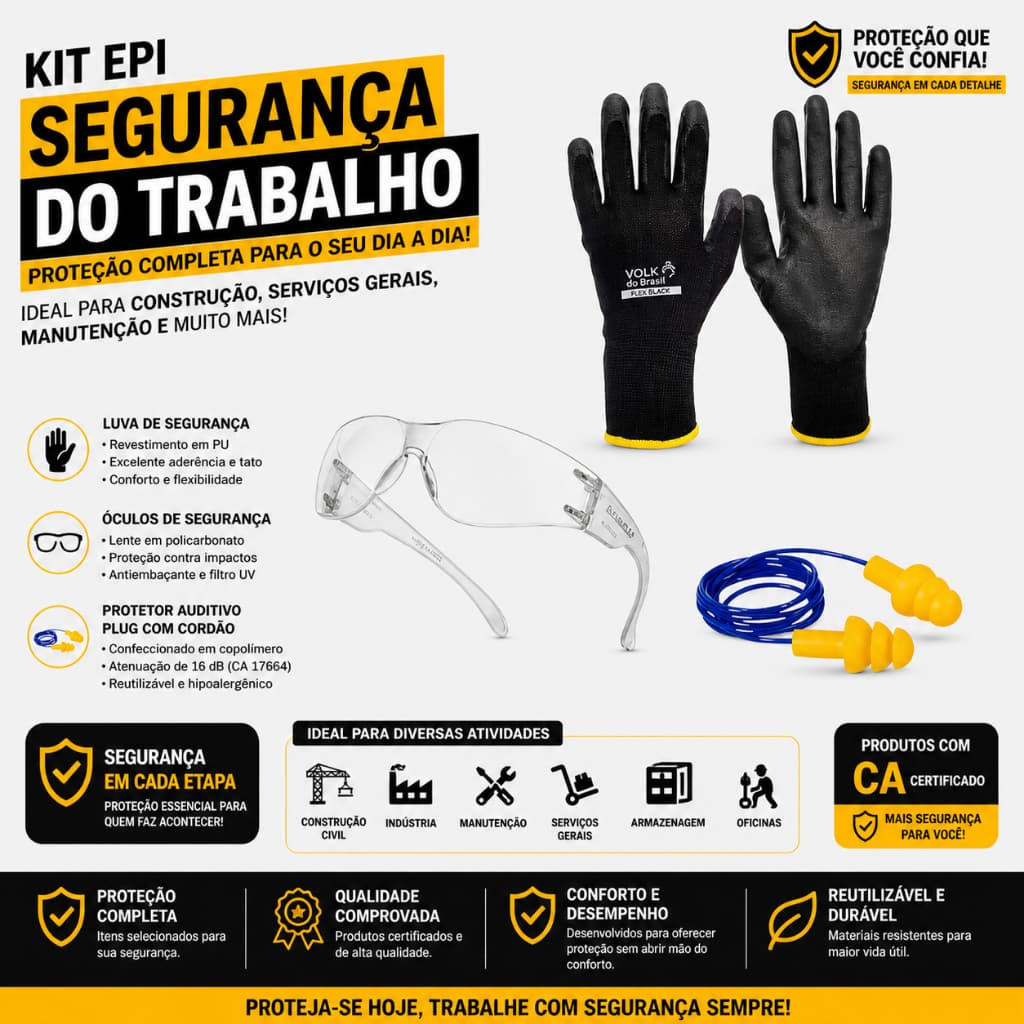 Kit EPI Segurança do Trabalho Óculos Luva e Protetor Auditivo - Construção - Serviços Gerais - Manutenção