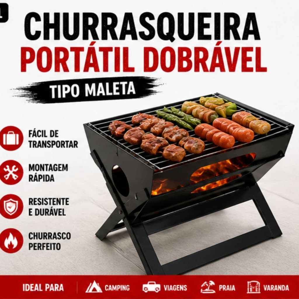 Churrasqueira Portátil Dobrável Tipo Maleta Preta ou Cinza Zincada Compacta Camping