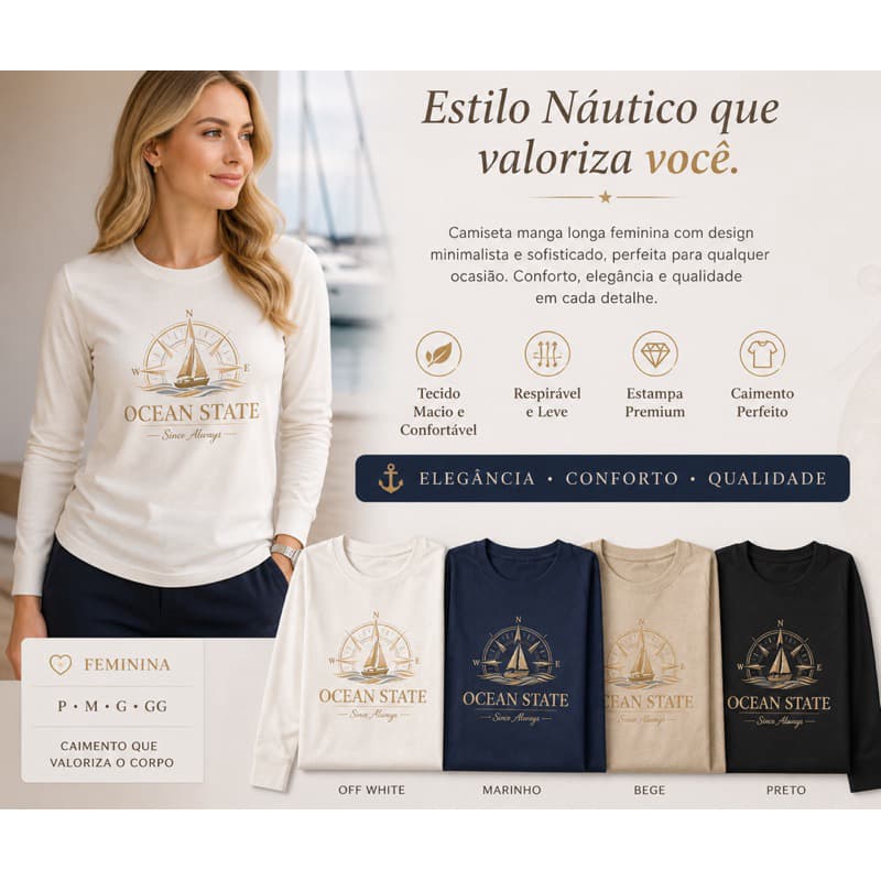 2 Camisetas Manga Longa Estilo Náutico Premium Yacht Club – Luxo Minimalista Masculina e Feminina Inverno