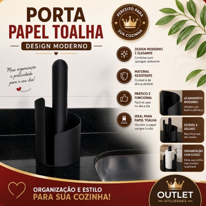 Porta Papel Toalha Premium Cozinha | Suporte Moderno Bancada Preto Branco Resistente