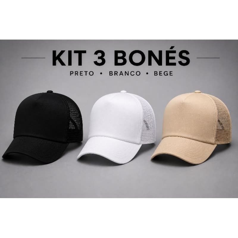 Kit 3 Bonés Trucker Telinha Masculino Liso Ajustável Preto Branco Bege Bicolor Estilo Premium