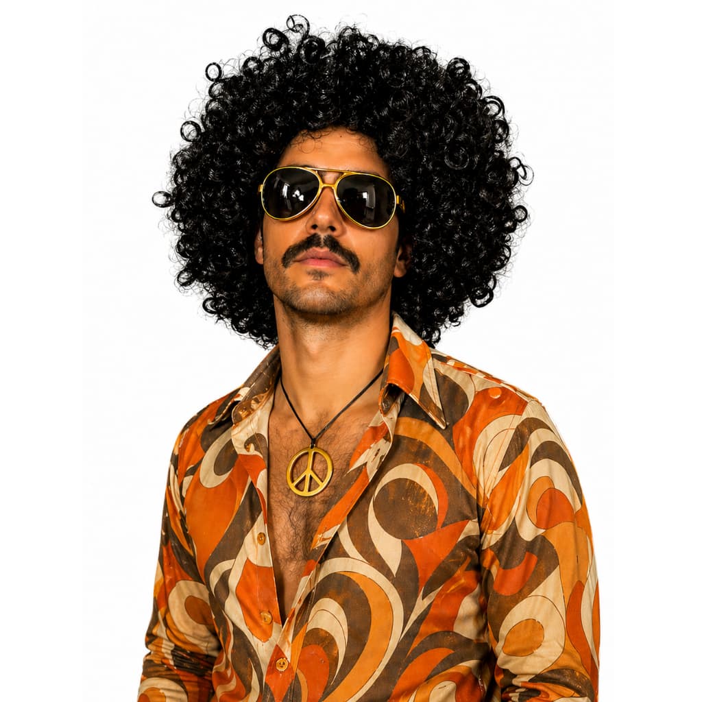 Fantasia Anos 70 Disco Hippie Peruca Óculos E Colar