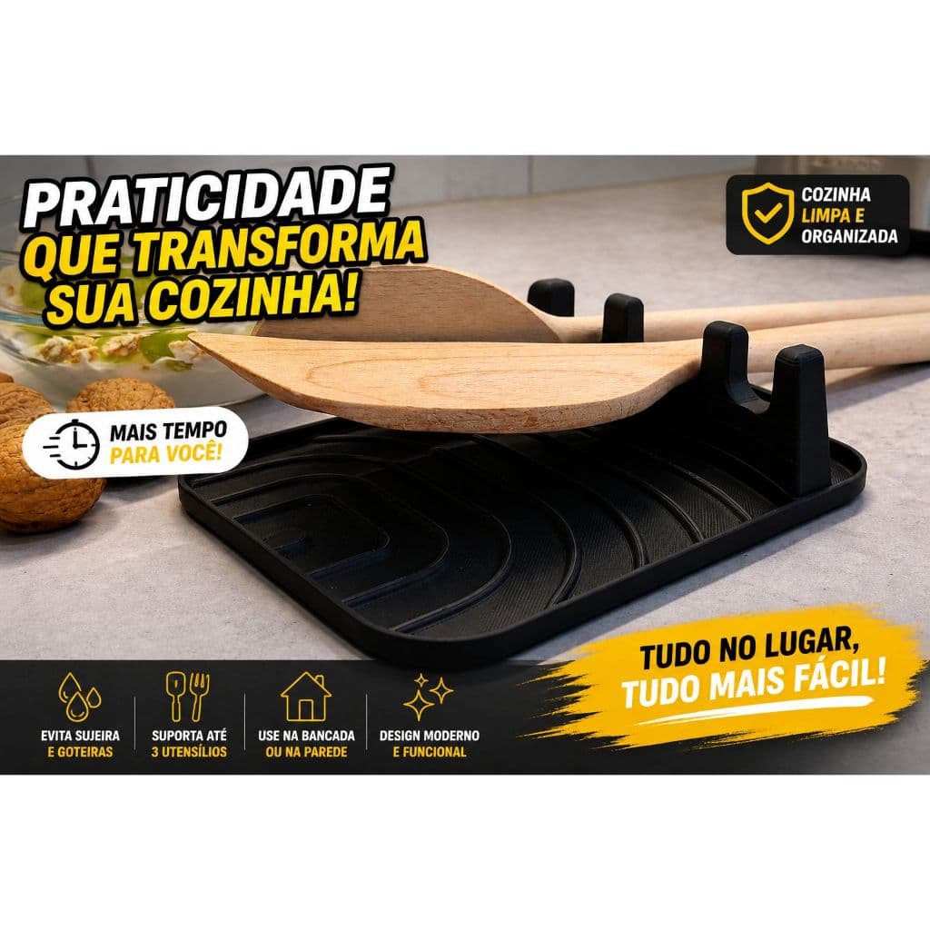 Suporte Descanso de Colher 3 Utensílios Cozinha Organizador Bancada e Parede Porta Concha Espátula