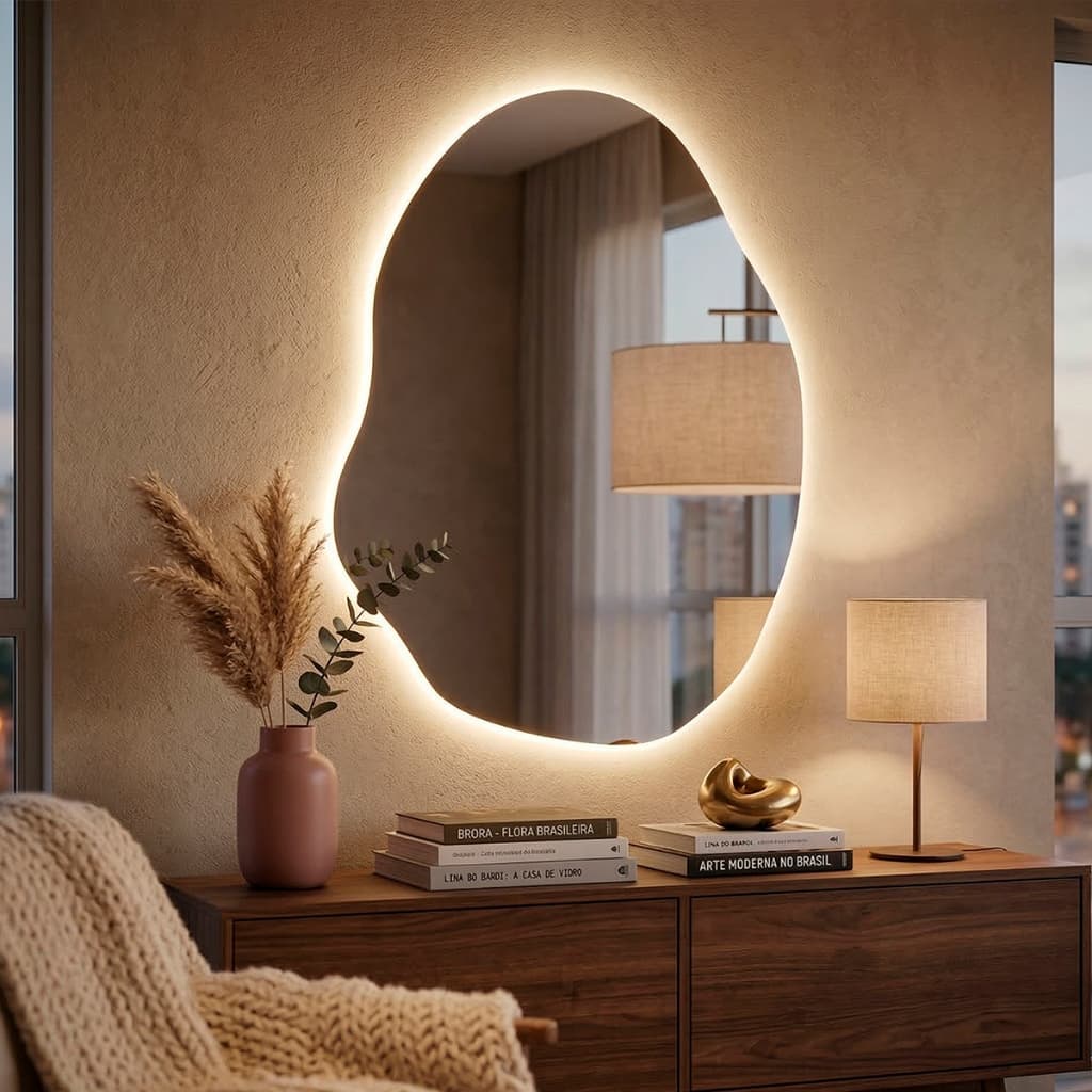 Espelho com Led Decorativo Orgânico Rubi 110x60cm Espelho para Escritório Sala Quarto Banheiro