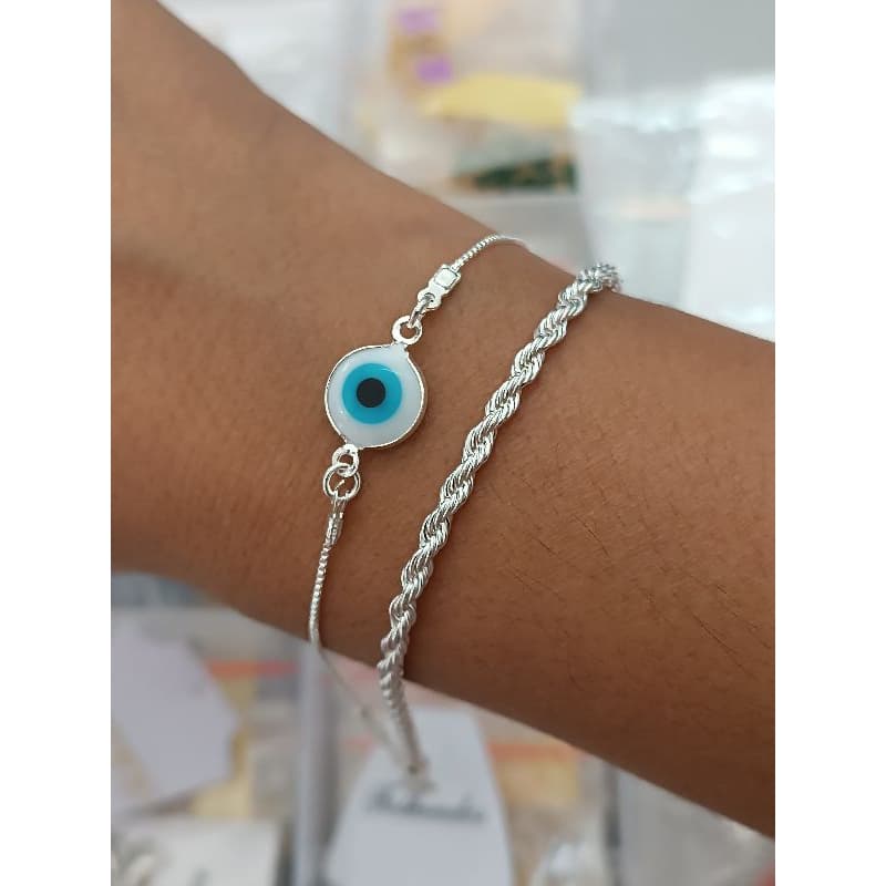Kit 2 Pulseiras Femininas Prata 925 Olho Grego + Corrente Trançada Cordão Baiano Antialérgicas Resistentes