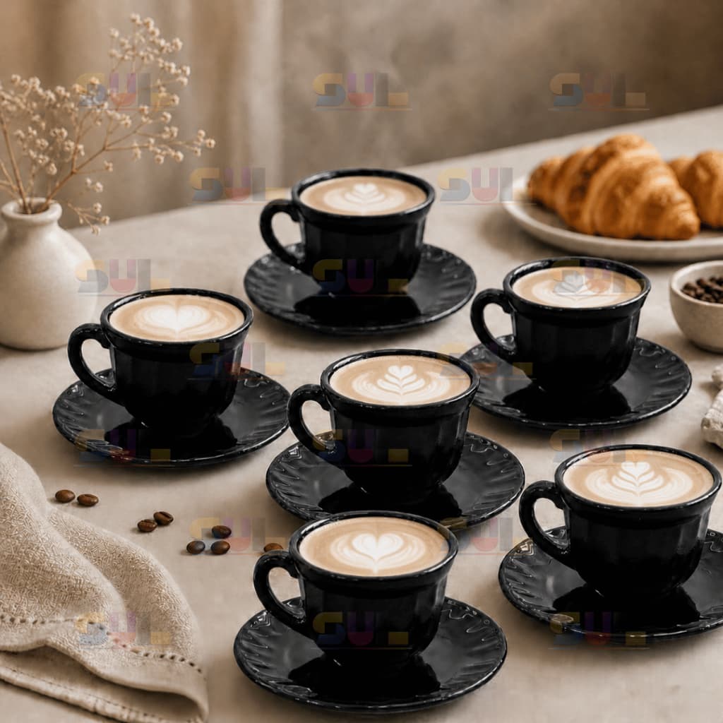 Jogo de Xicara 12 Peças Preto EM VIDRO TRABALHADO PRETO Chá Café Louça Moderno