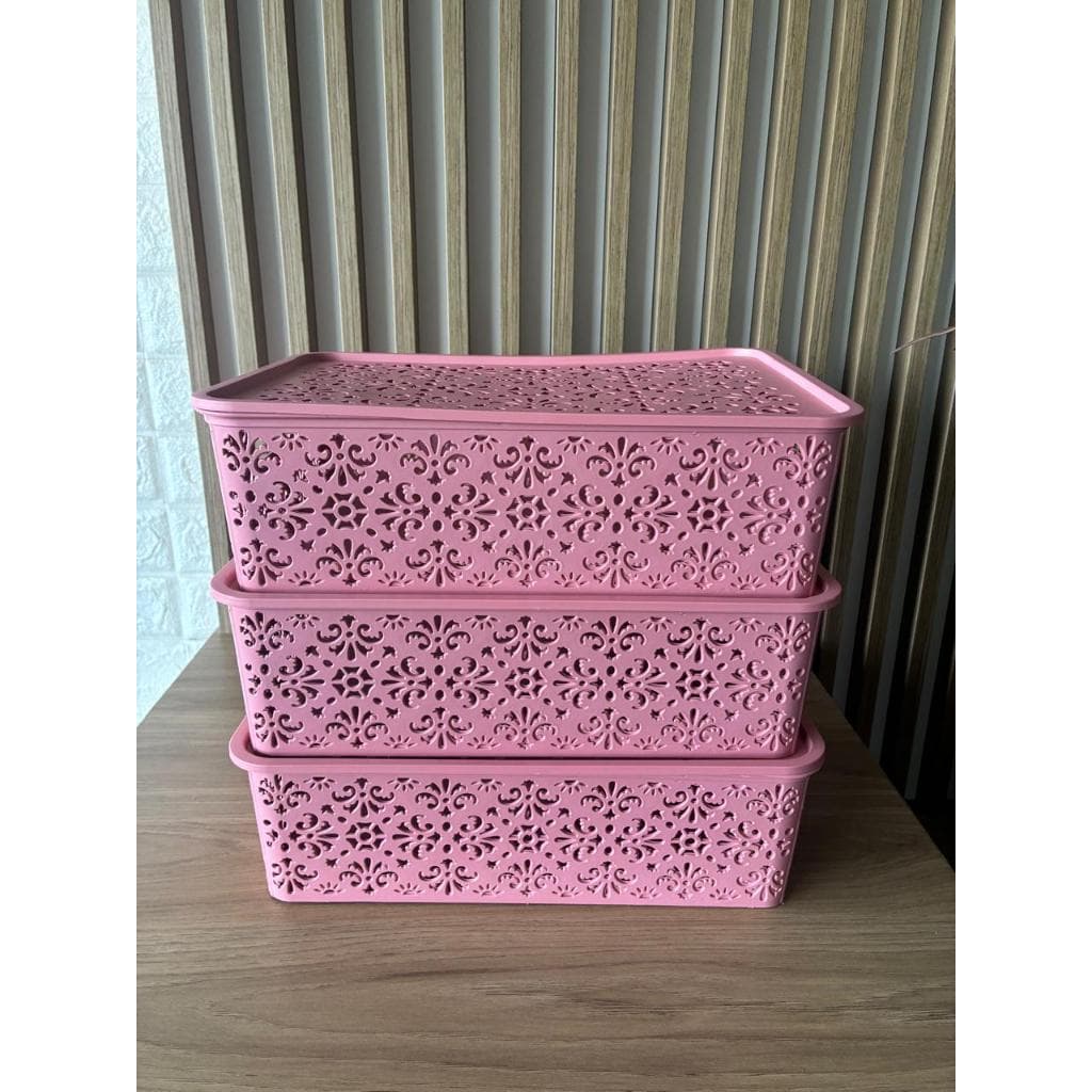 Kit 3 Caixas Organizadoras Oriental Rosa com tampa-  7LITROS – Organizadora Multiuso Rosa