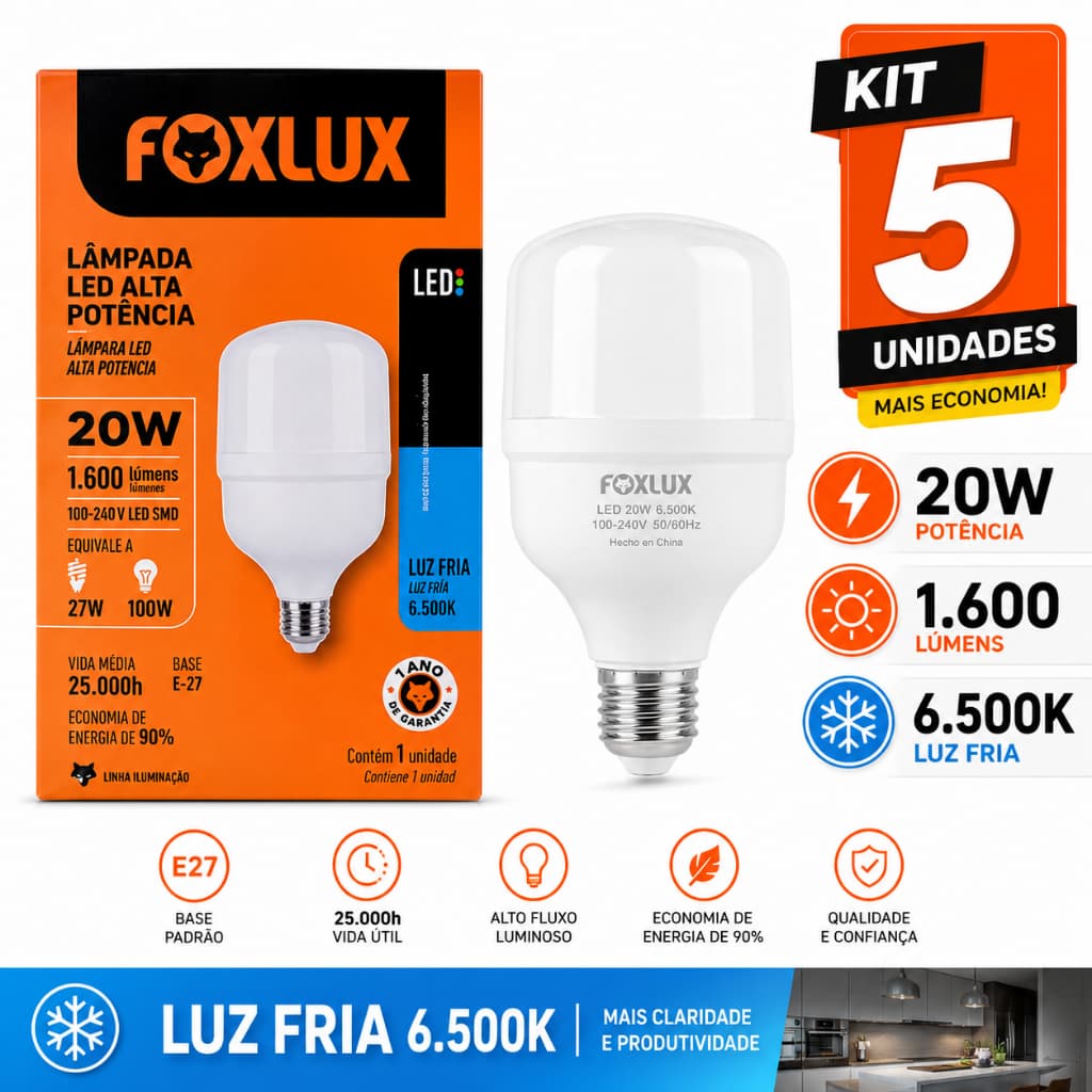 Kit 5 Lâmpadas LED 20W E27 Alta Potência 6500K Branco Frio Bivolt 127/220V Foxlux
