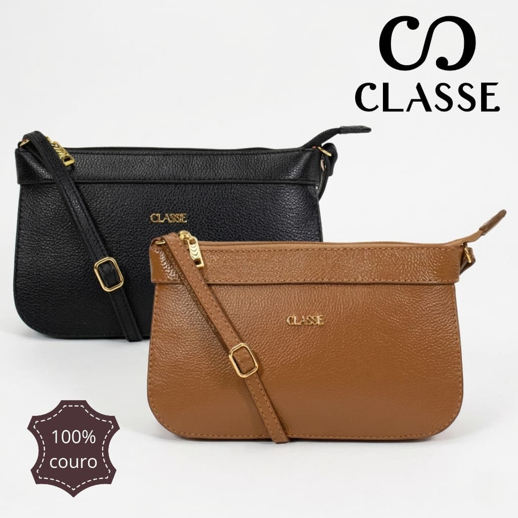 Bolsa Feminina Classe Couro Legitimo Transversal Tiracolo Pequena Bag Pequena Preto Marrom