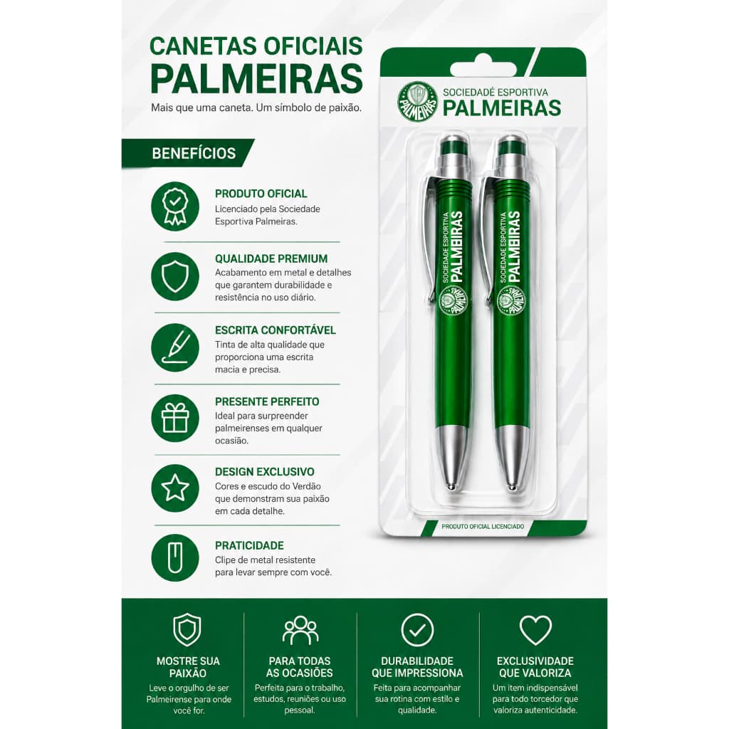 Kit 2 Canetas Palmeiras Oficial Original Presente Torcedor Futebol Clube Material Caneta Escolar
