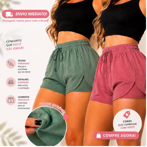 Short Feminino Duplo Fitness com Bolso Zero Transparente  1/2/3  Secagem Rápida Academia Corrida