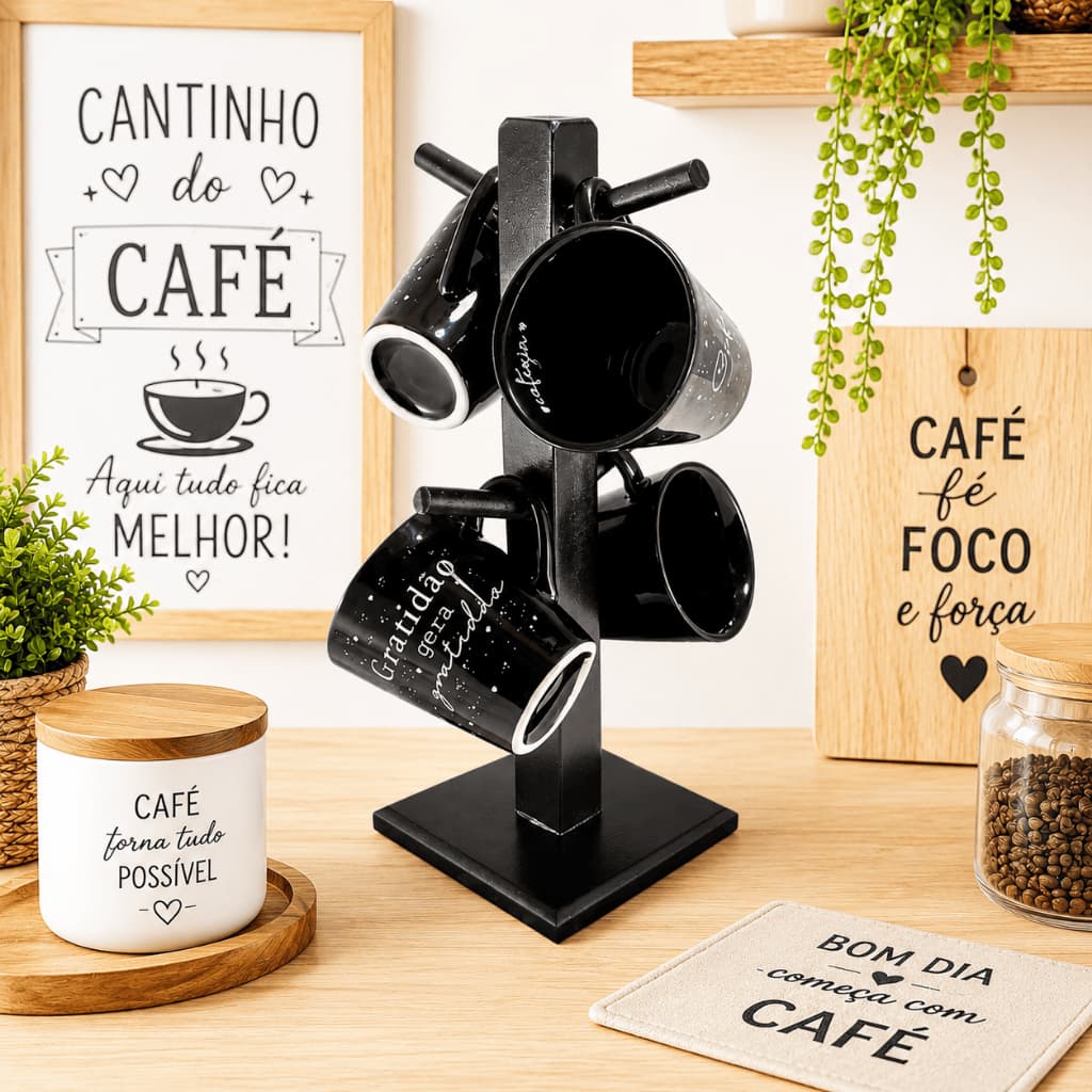 Jogo de Xicaras para Cafe Frases Motivacionais Com Suporte Decoração Cozinha