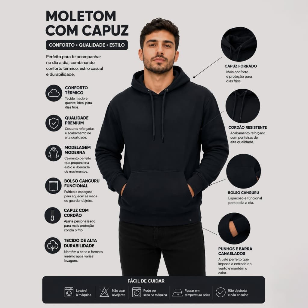 Moletom Masculino Preto com Capuz | Blusa Frio Canguru Estilosa Confortável Robusta 360g