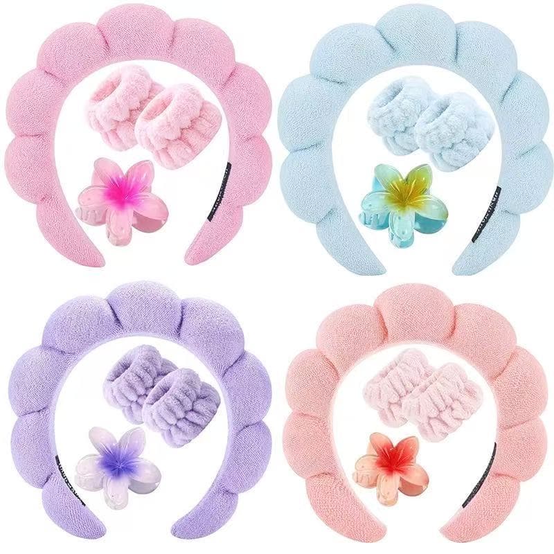 Kit Tiara Nuvem Punho Toalha e Presilha de Flor Para -(Skin Care)