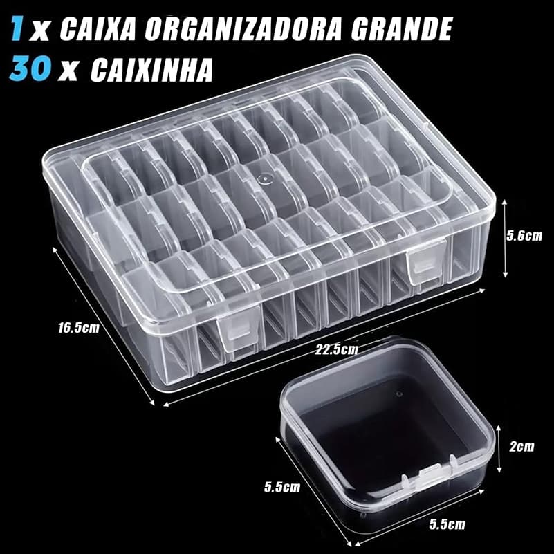Caixa Organizadora com 30 Mini Caixas Transparentes para Joias e Artesanato Plástico Resistente e Portátil 16.5x22.5x5.6
