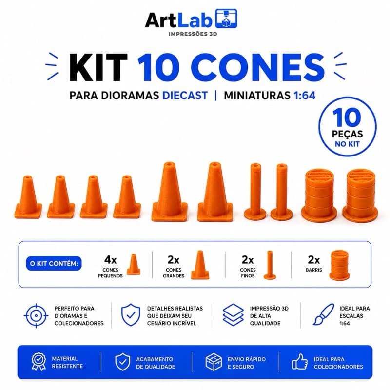 Kit Completo Com Cones 1:64 para Miniaturas Dioramas Diecast com 10 unidades Multiusos