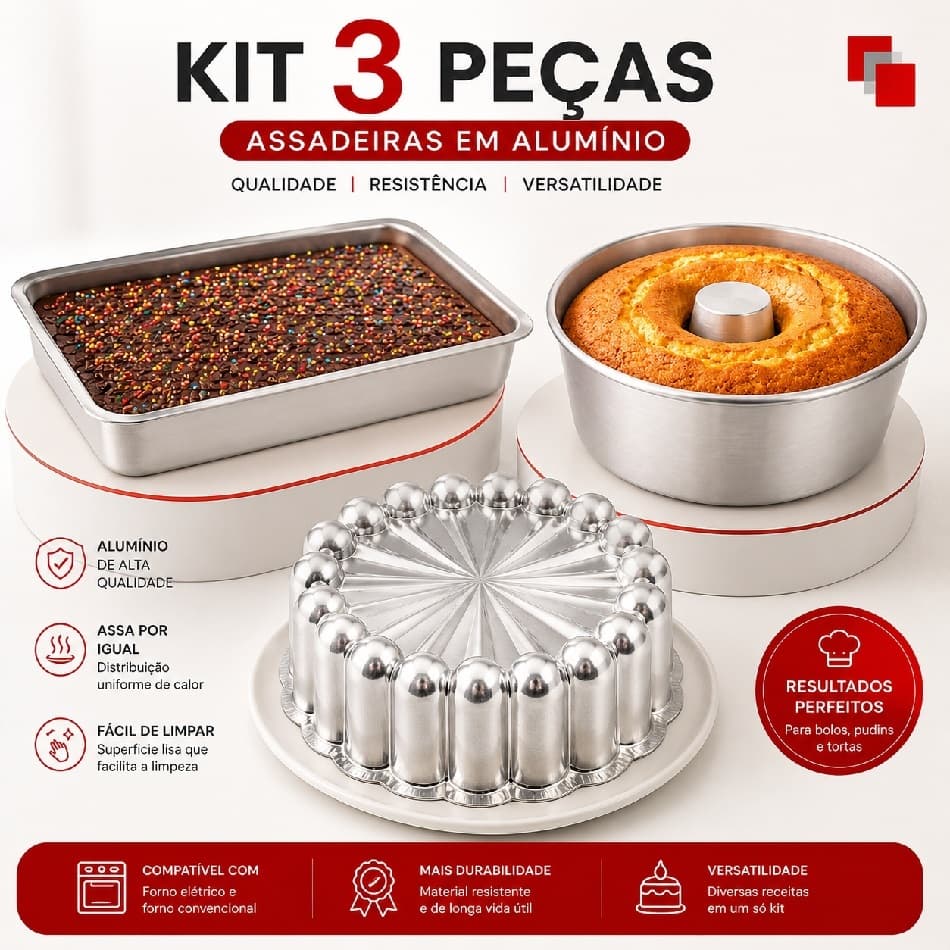 Kit 3 Assadeiras de Bolo, Forma Retangular, Forma de Pudim e Forma Charlotte em Alumínio
