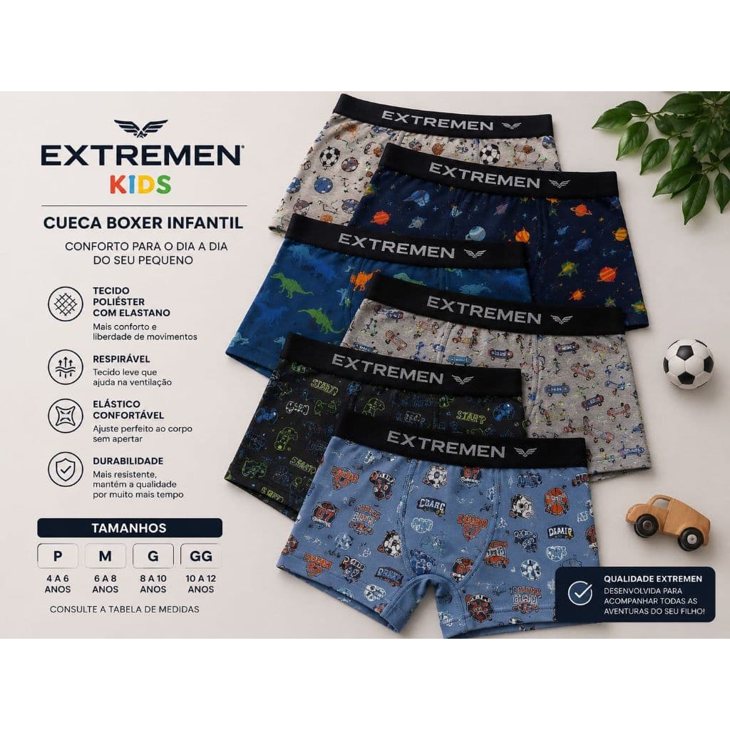 Kit  Cuecas Infantil Box Estampado Cueca Boxer Microfibra Menino