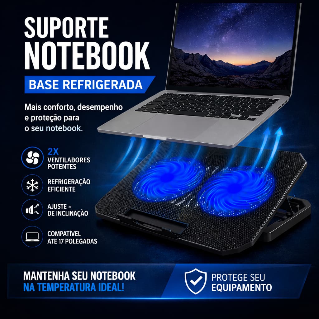 Suporte para  Notebook Cooler Duplo USB Base Refrigerada Ajustável Ergonômica LED 10 a 17 Mouse