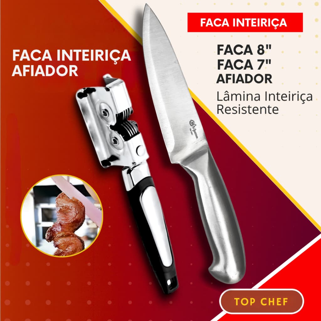 Faca Inox 8" ou Faca 7" Lamina Inteiriça e Afiador para Churrasco Cozinha Restaurante Chef