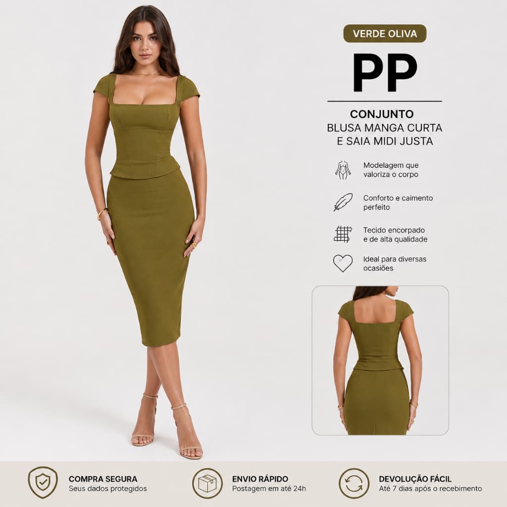 Conjunto blusa manga curta e saia midi justa Verde Oliva PP Conjunto Saia e Blusa