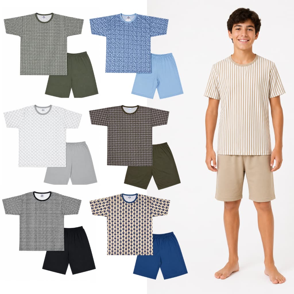 Kit 3 Pijama Verão Juvenil Masculino Manga Curta Estampa Sortida 10 ao 16