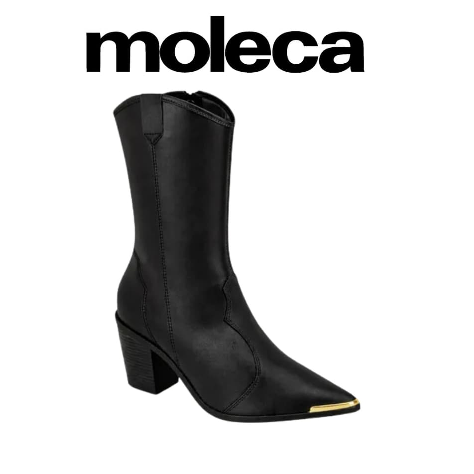 Bota Moleca 5355.100 Cano Alto Feminina Bico Fino Detalhe Dourado Com Zíper, Confortável e estilosa